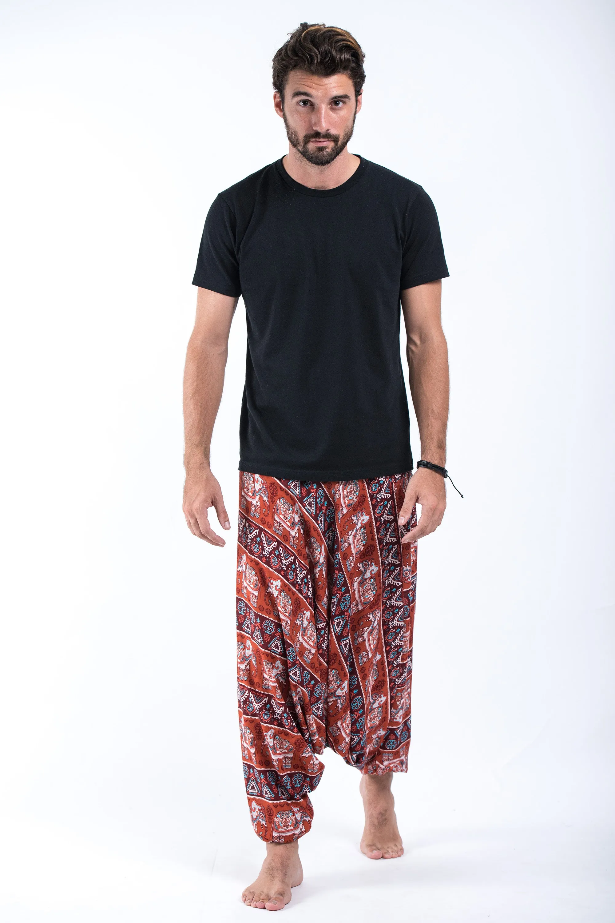 Aztec Elephant Drop Crotch Men's Elephant Pants in Rust