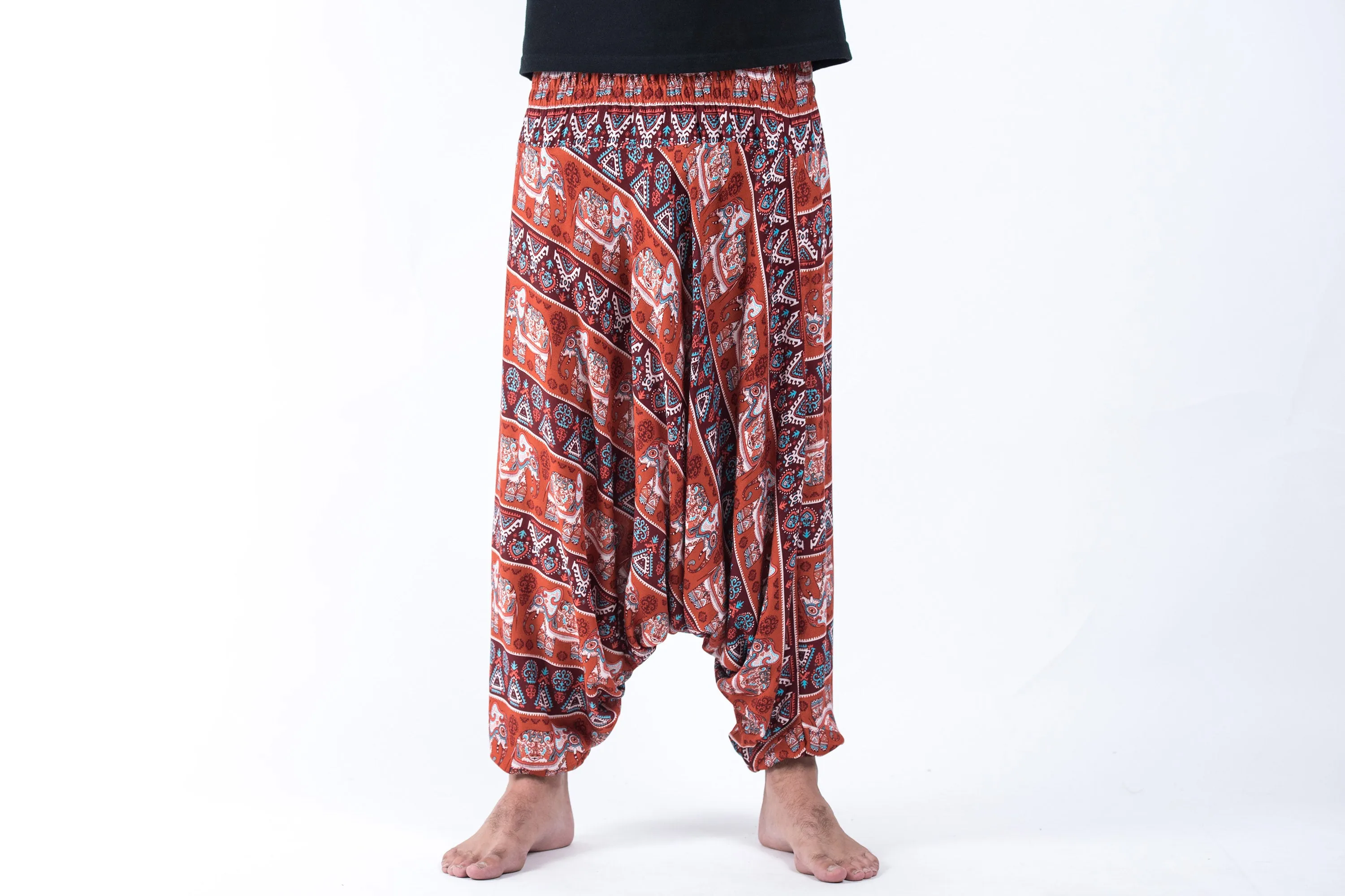 Aztec Elephant Drop Crotch Men's Elephant Pants in Rust