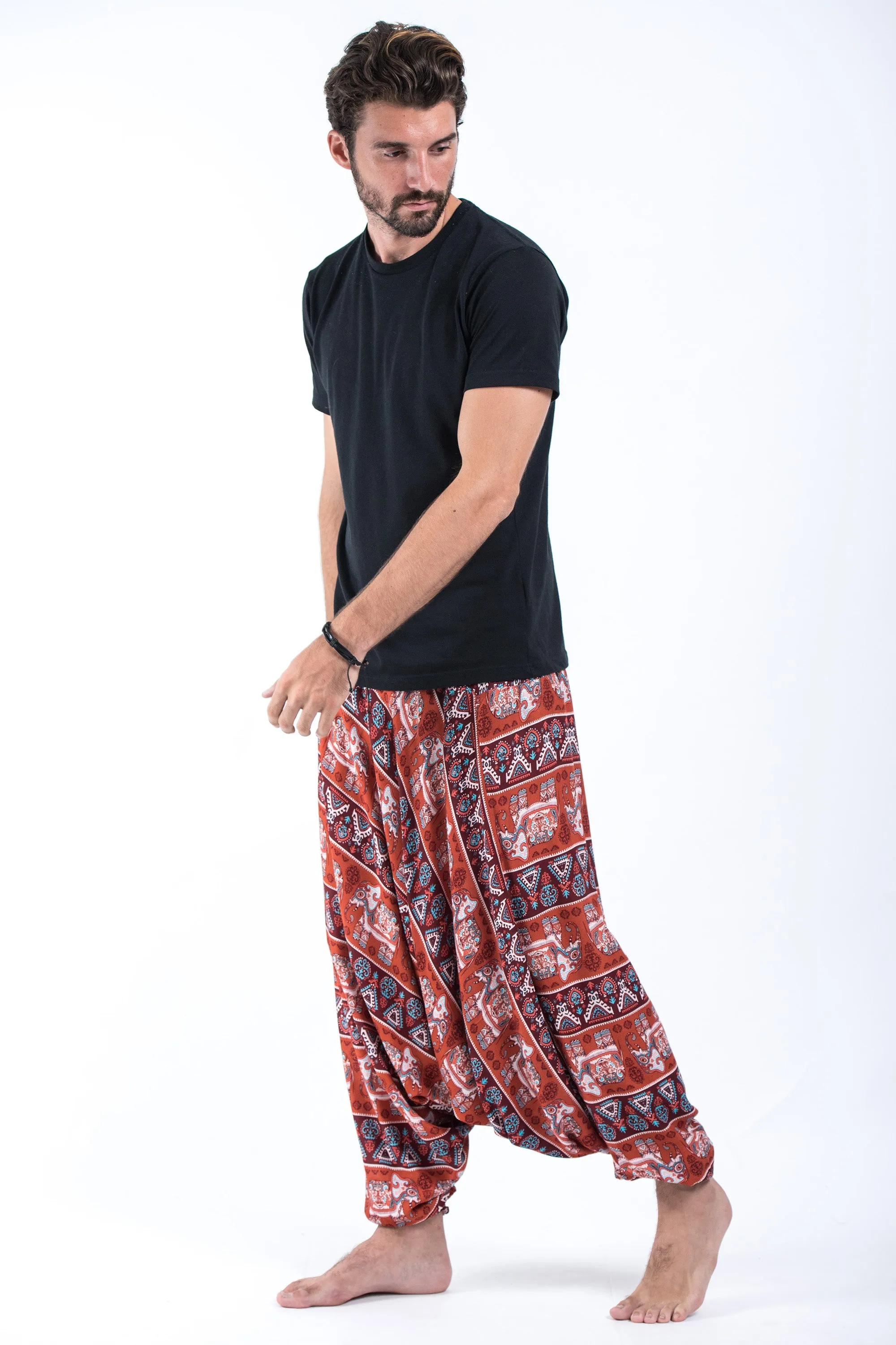 Aztec Elephant Drop Crotch Men's Elephant Pants in Rust