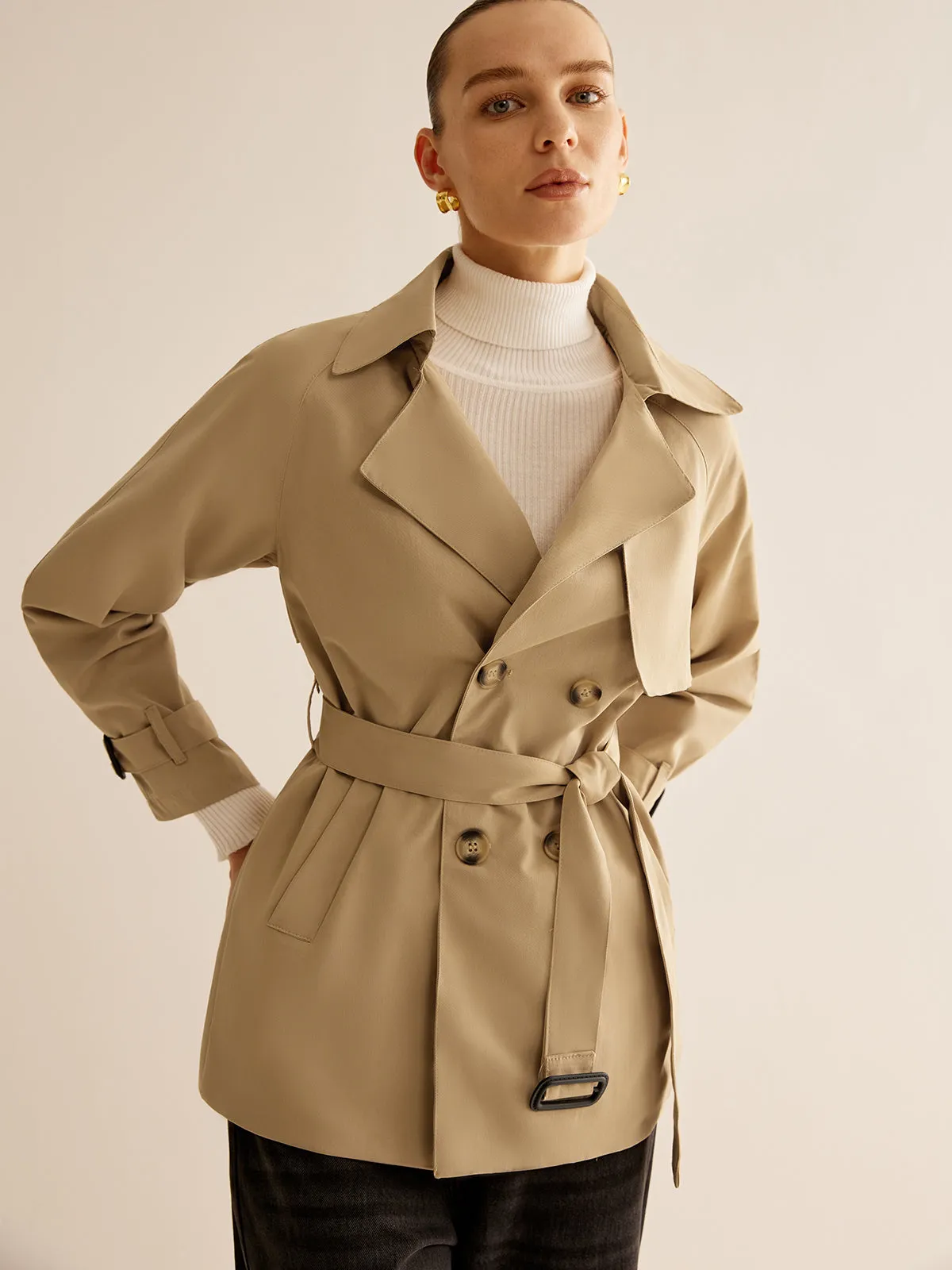 Buckle Design Lapel Belted Trench Coat