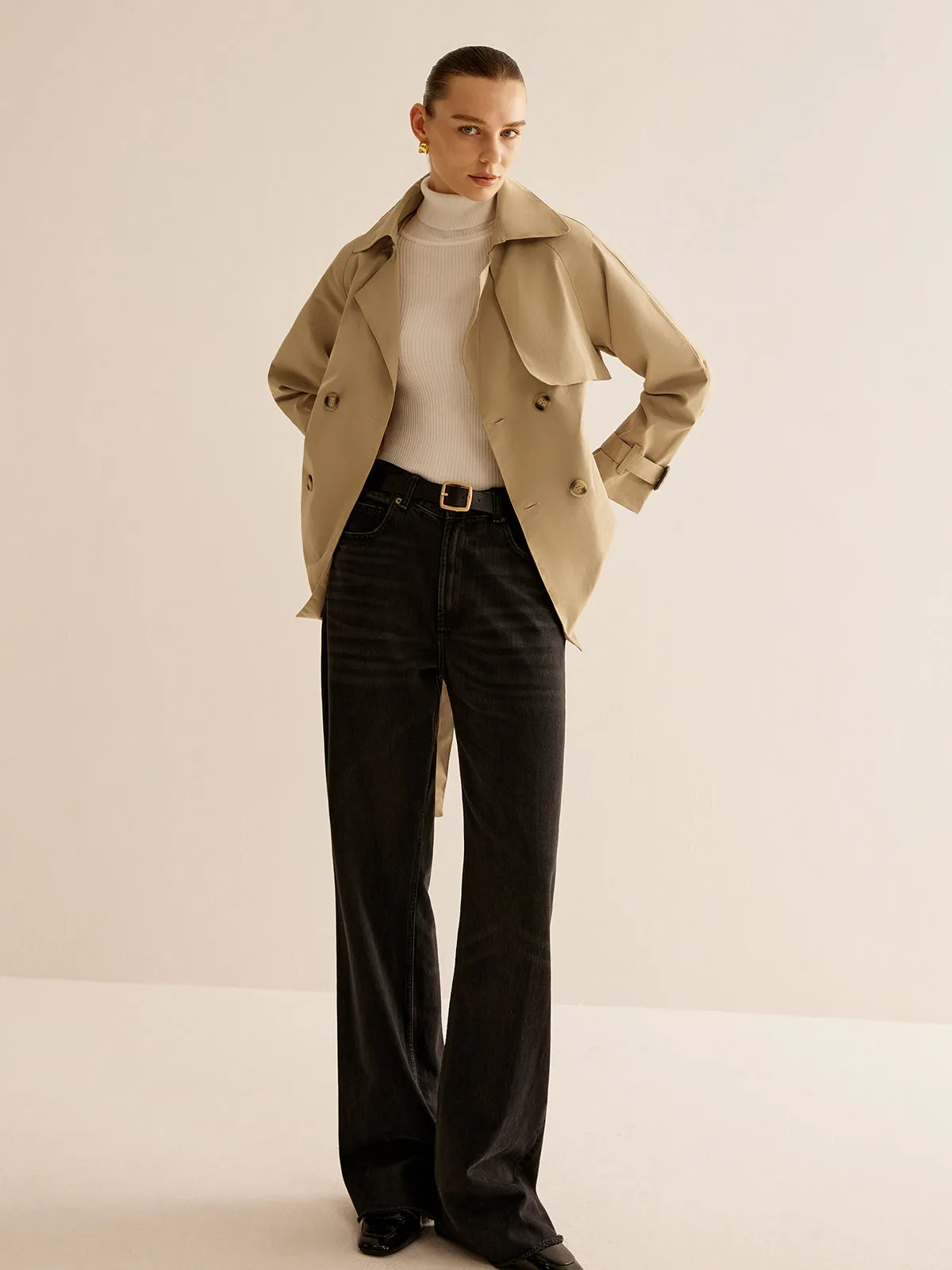 Buckle Design Lapel Belted Trench Coat