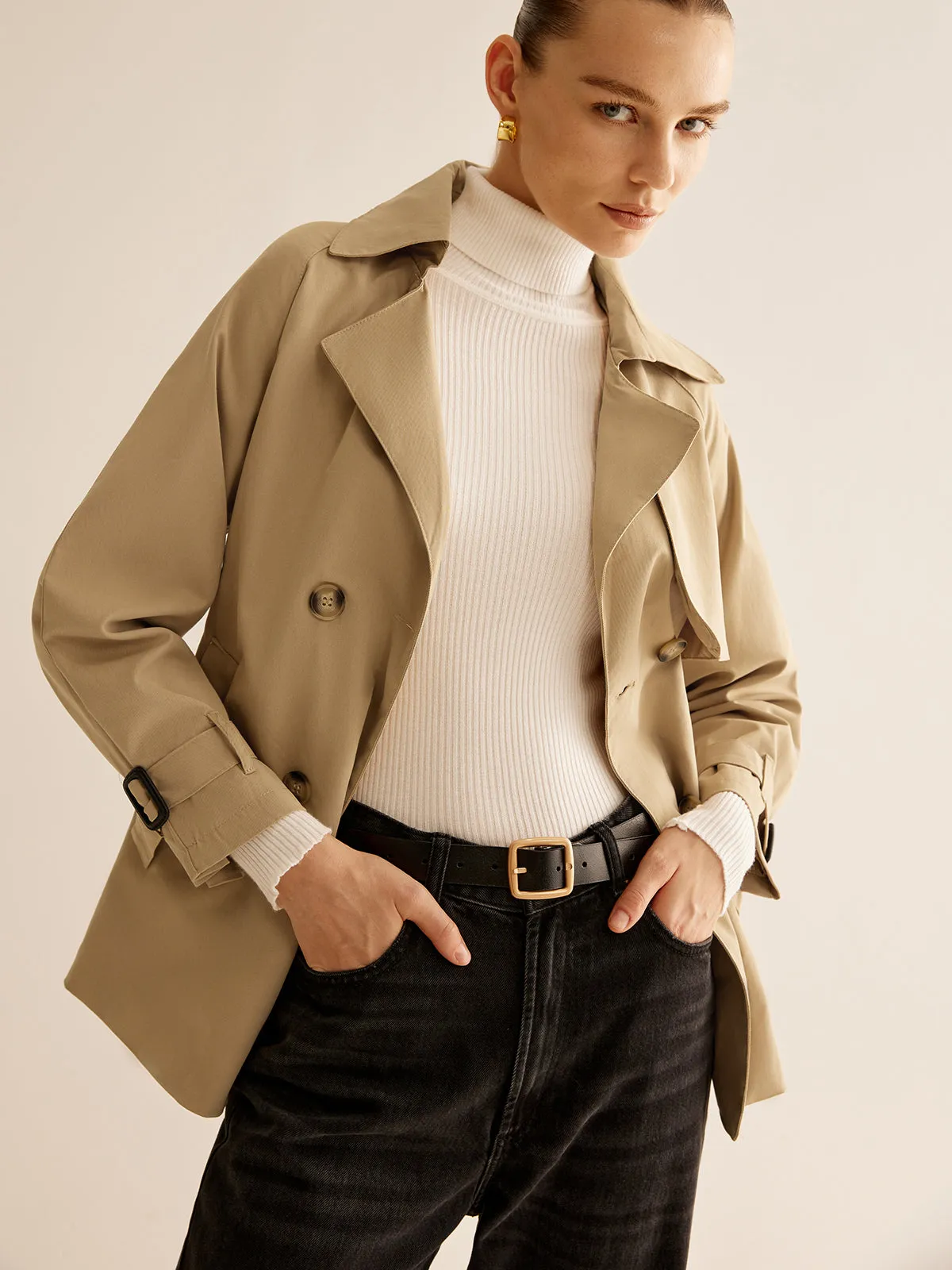 Buckle Design Lapel Belted Trench Coat