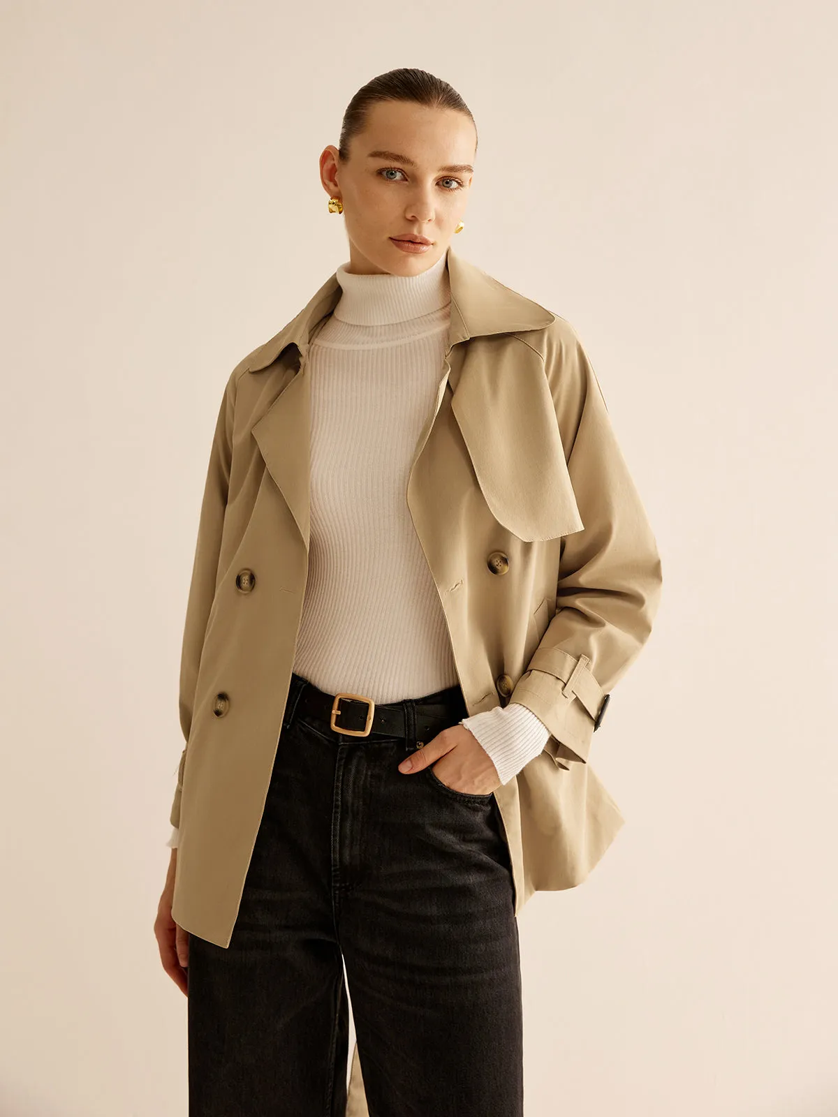 Buckle Design Lapel Belted Trench Coat