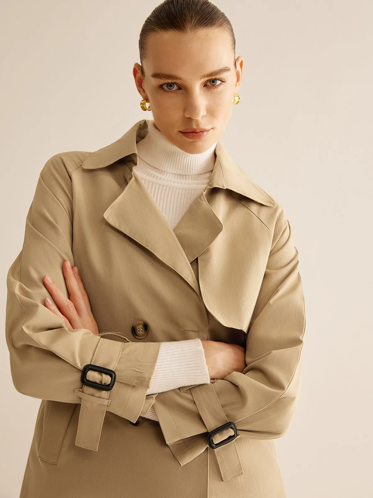 Buckle Design Lapel Belted Trench Coat