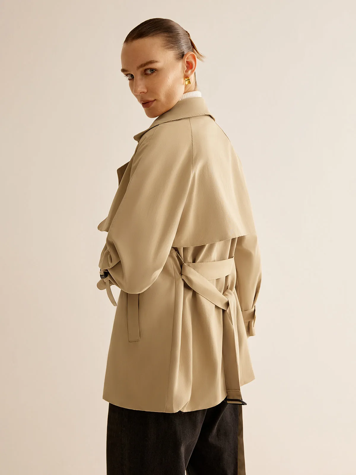 Buckle Design Lapel Belted Trench Coat