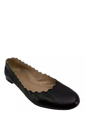 Chloe Lauren Scalloped Black Leather Flats Size 7.5