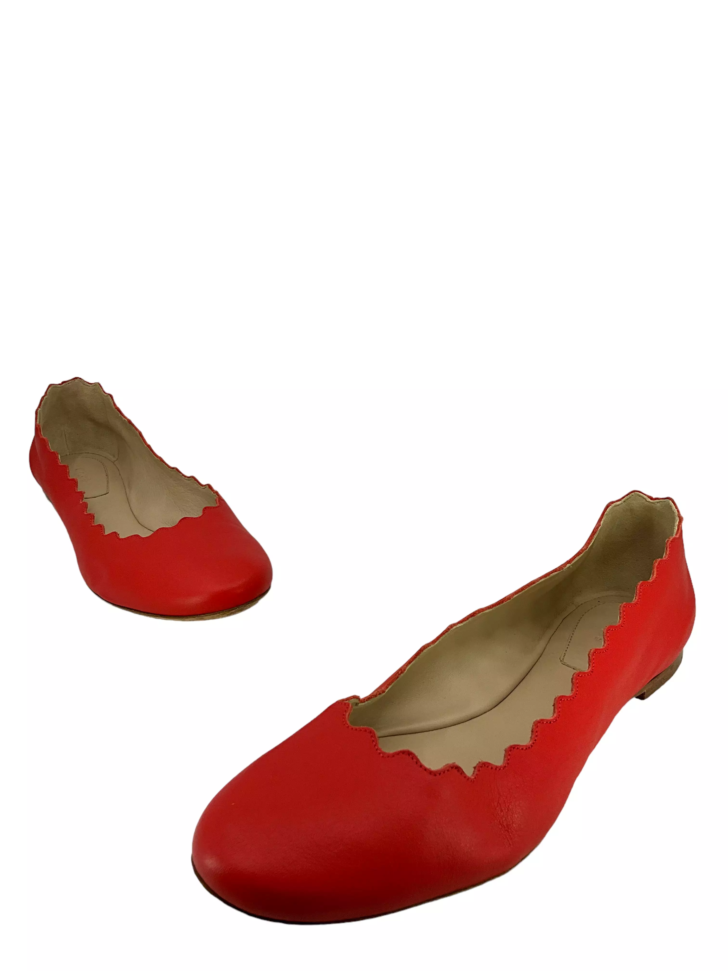 Chloe Lauren Scalloped Red Leather Flats Size 7.5