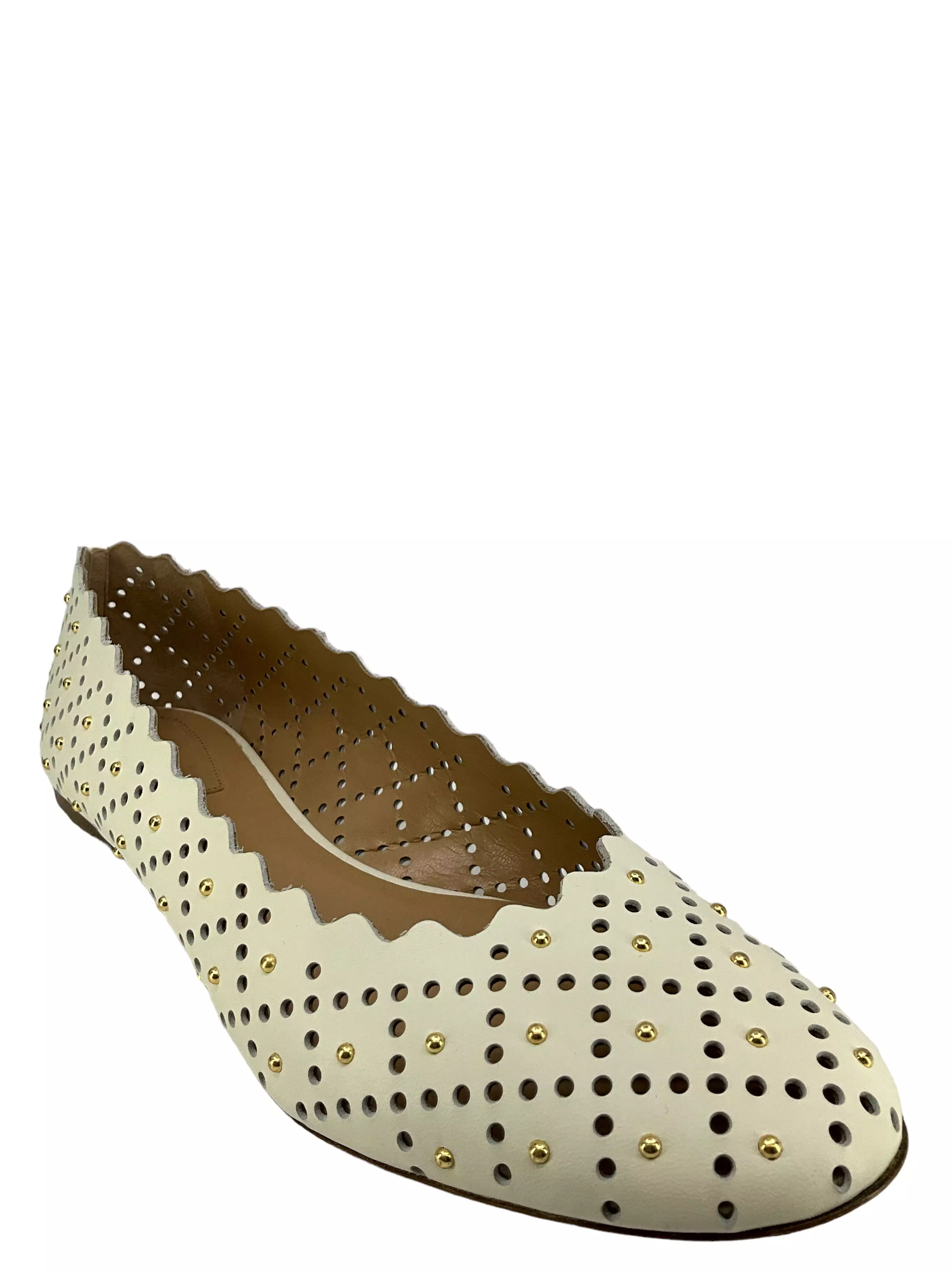 Chloe White Lasercut And Studded Leather Flats Size 11