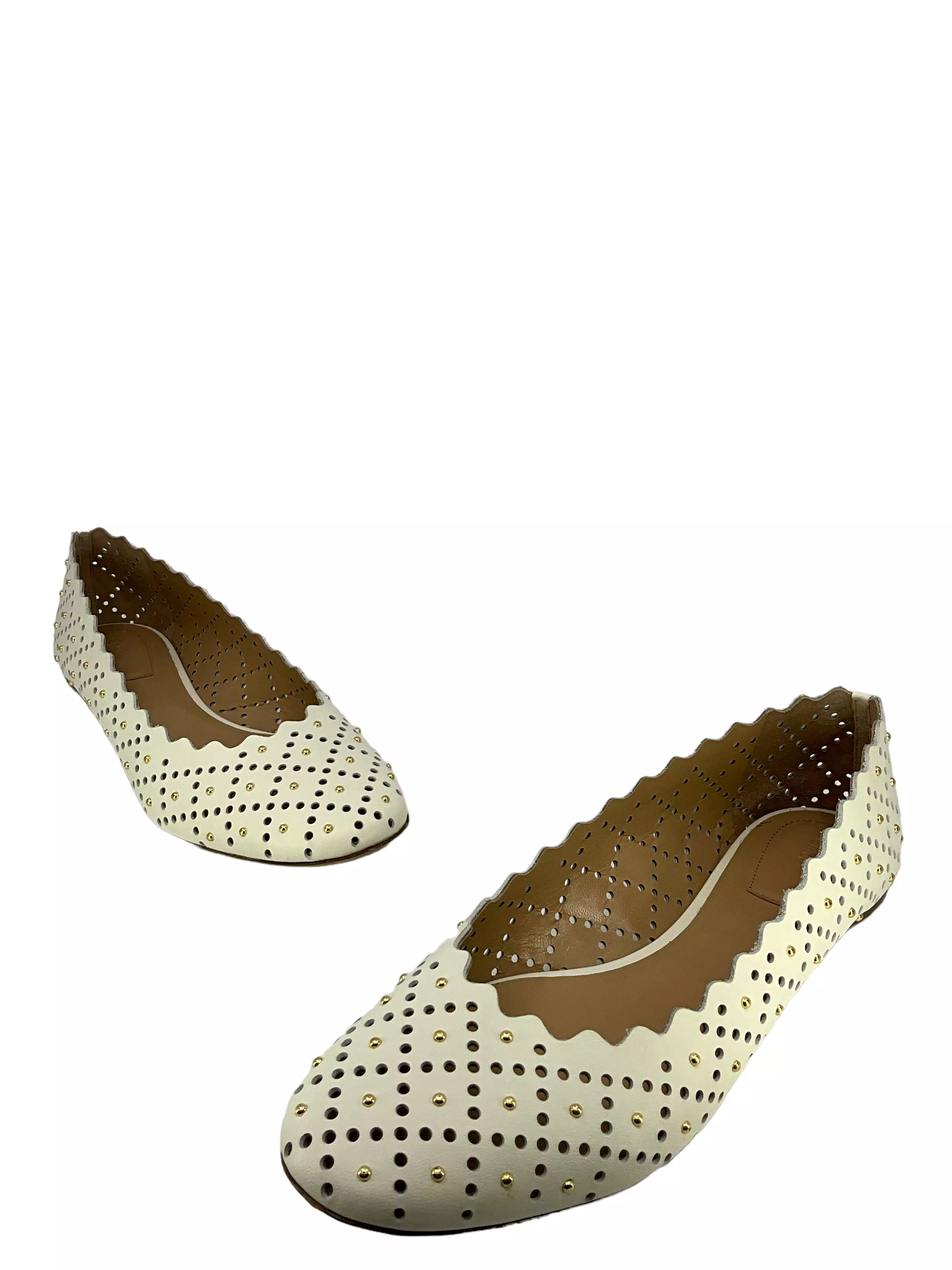 Chloe White Lasercut And Studded Leather Flats Size 11