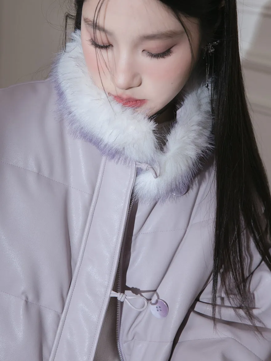 Fur Collar PU Leather Down Jacket