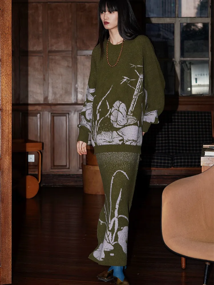 Loose Flower Jacquard Knitted Sweater & Skirt