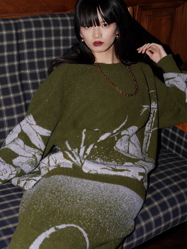 Loose Flower Jacquard Knitted Sweater & Skirt