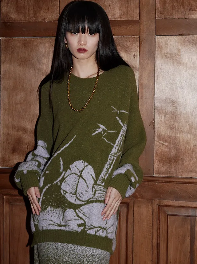 Loose Flower Jacquard Knitted Sweater & Skirt