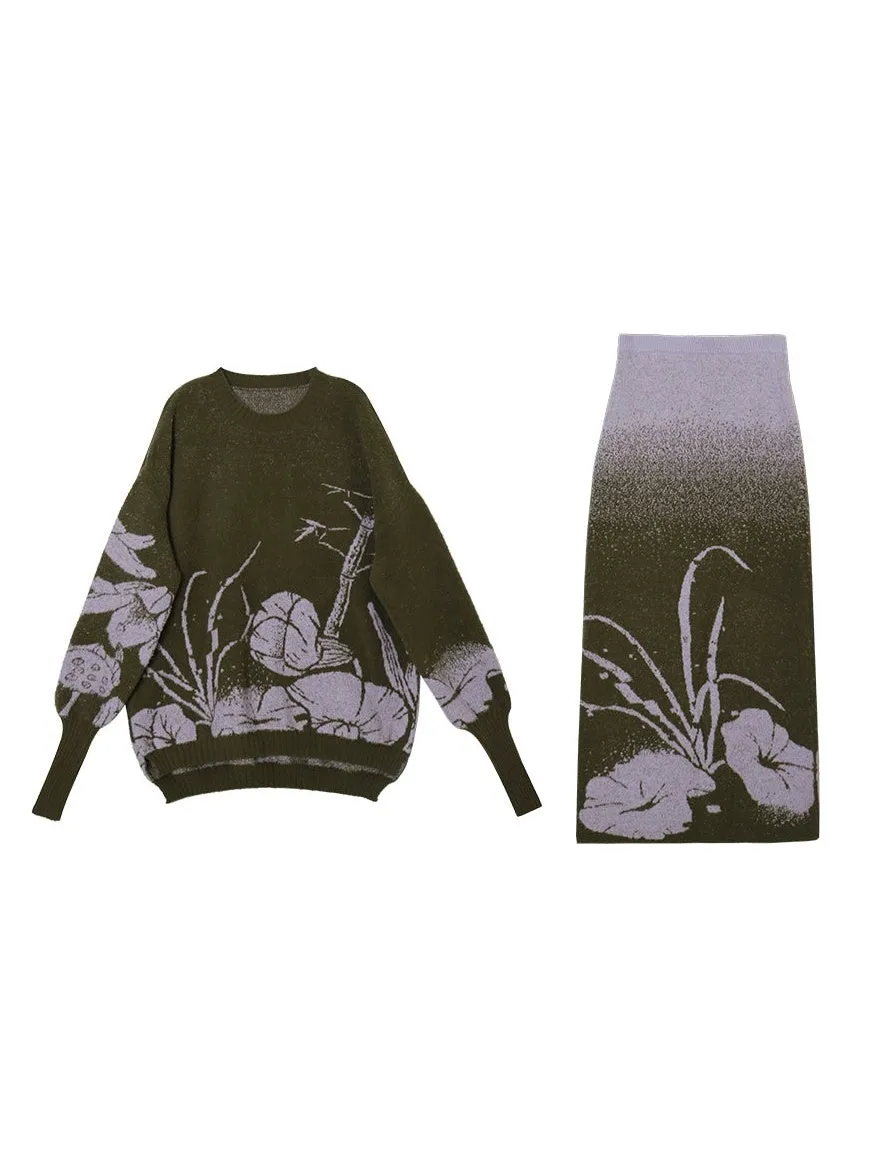 Loose Flower Jacquard Knitted Sweater & Skirt