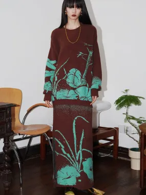 Loose Flower Jacquard Knitted Sweater & Skirt