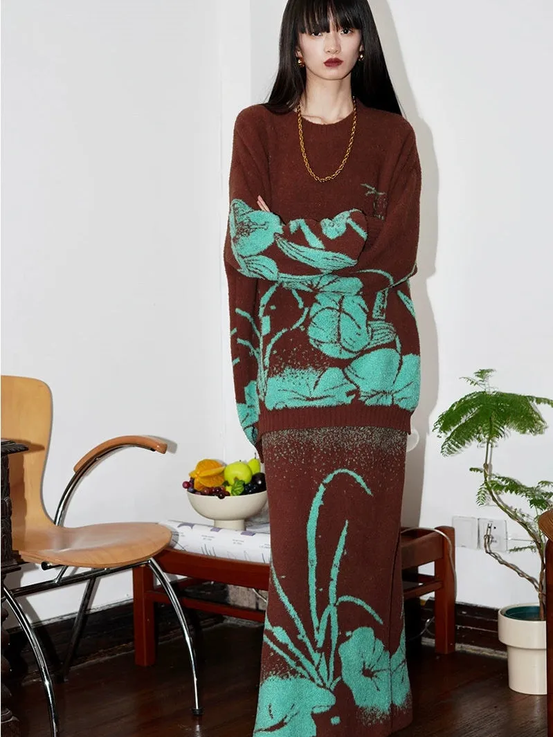 Loose Flower Jacquard Knitted Sweater & Skirt