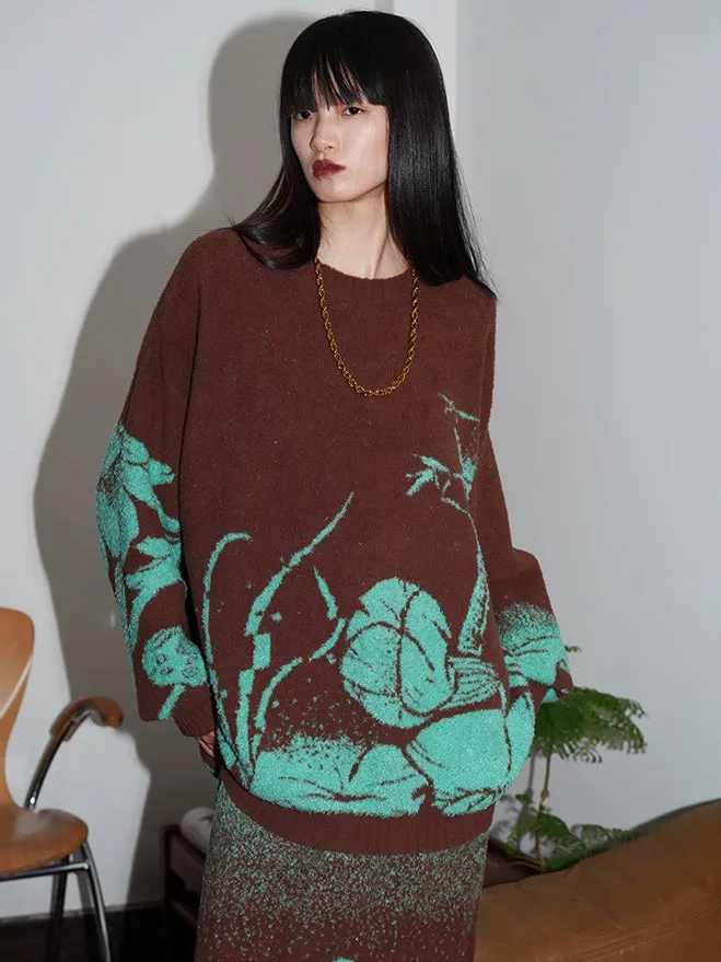 Loose Flower Jacquard Knitted Sweater & Skirt