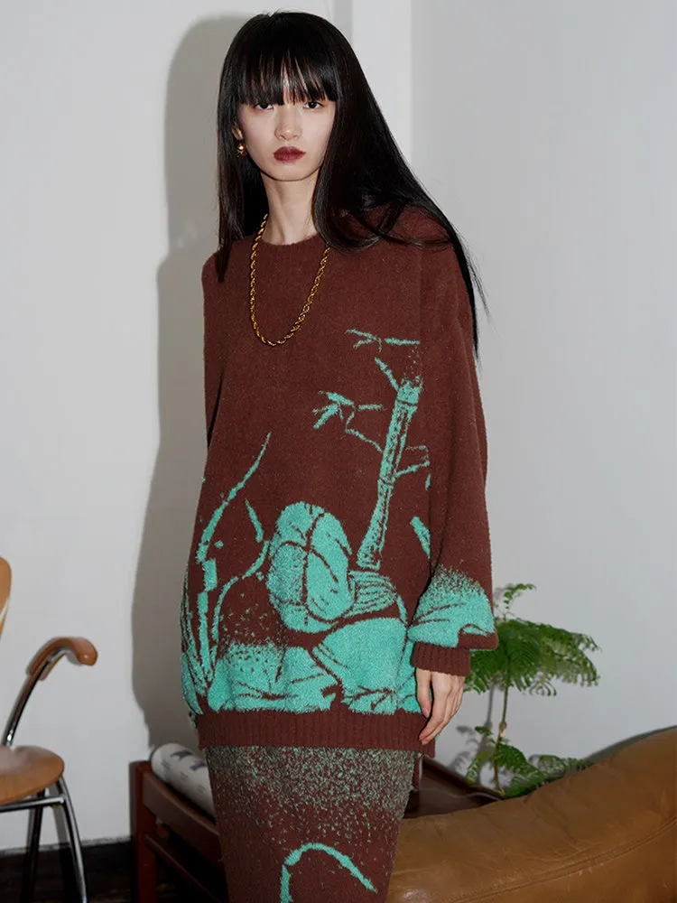 Loose Flower Jacquard Knitted Sweater & Skirt