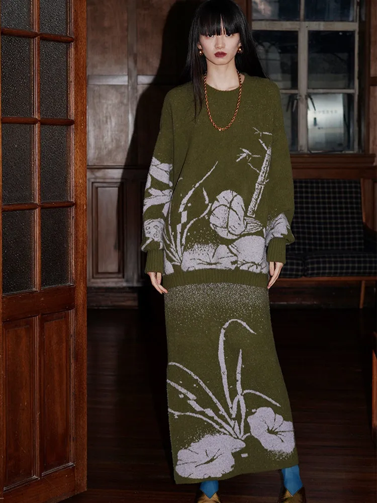 Loose Flower Jacquard Knitted Sweater & Skirt