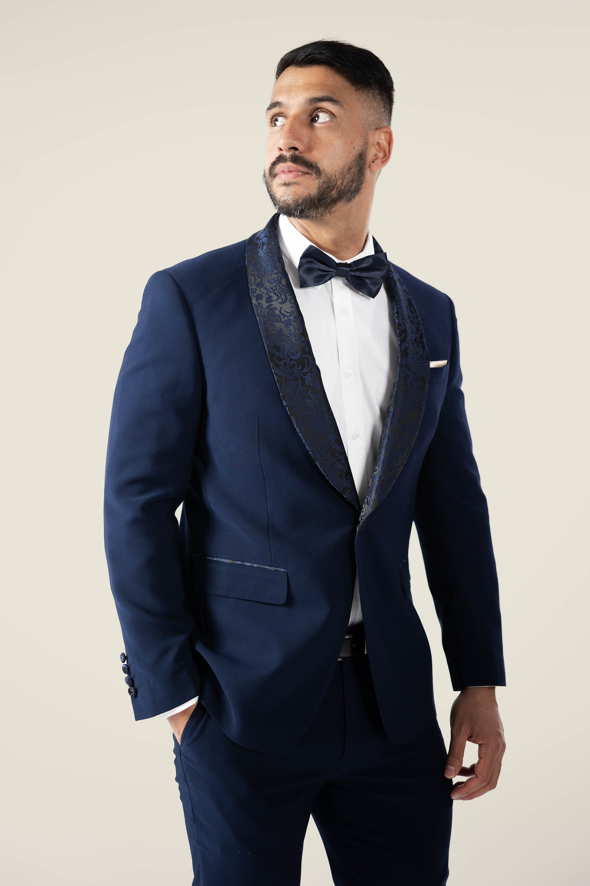 Men's Navy Tuxedo Jacket With Embroidery Lapel