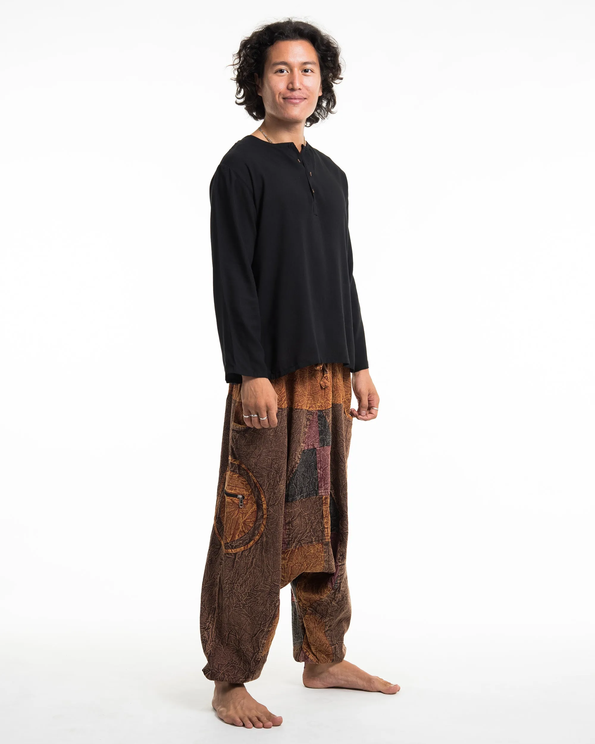 Men's Patchwork Stone Washed Low Cut Cotton Pants in Brown 03