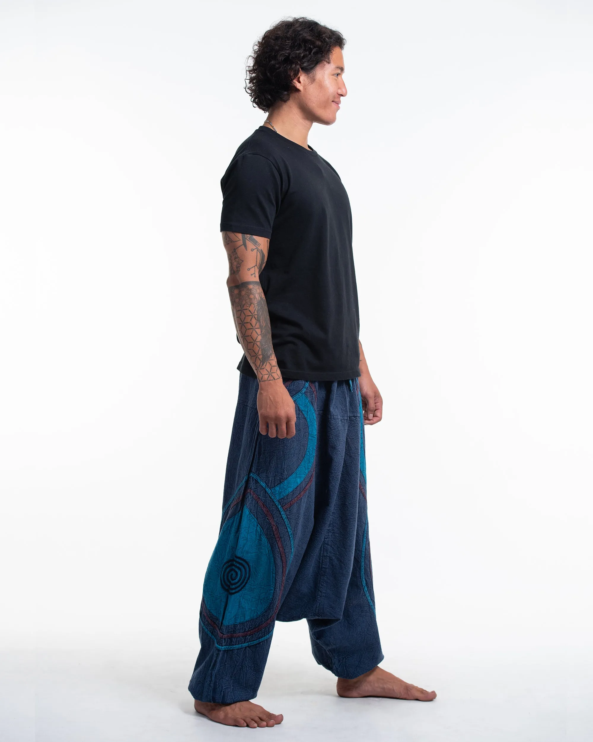 Men's Patchwork Stone Washed Low Cut Cotton Pants in Navy 01