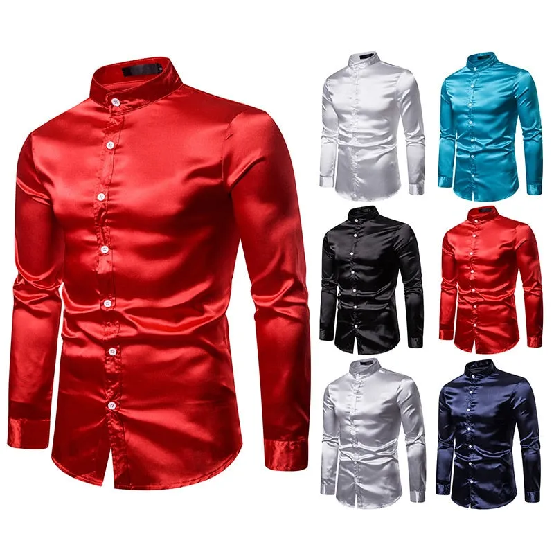 Men's Satin Silk Solid Slim Fit Shiny Long Sleeve Casual Party Shirt