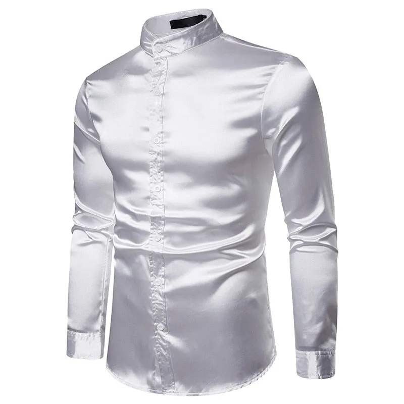 Men's Satin Silk Solid Slim Fit Shiny Long Sleeve Casual Party Shirt