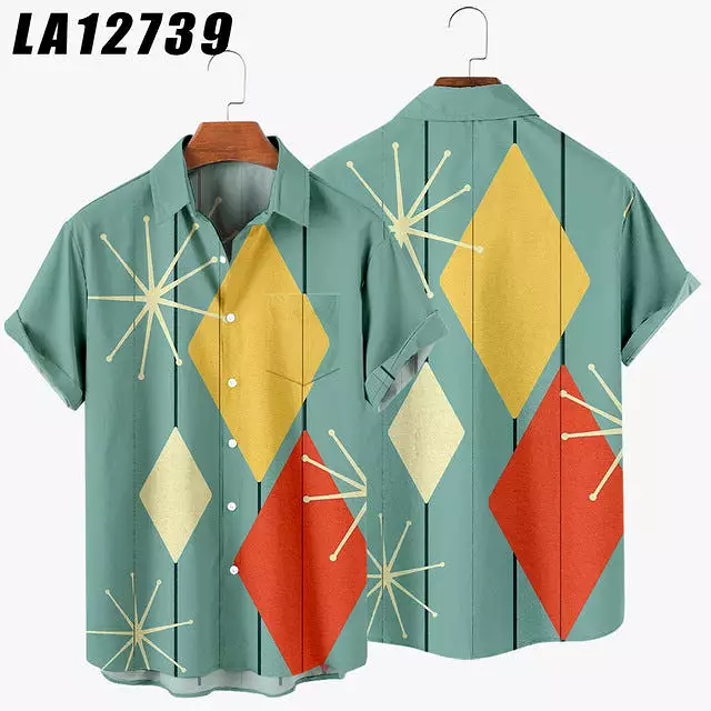 Men's shirt Y2k hombre abstract art pattern short-sleeved shirt men's street Hawaii vintage shirt Harajuku men's shirt 4