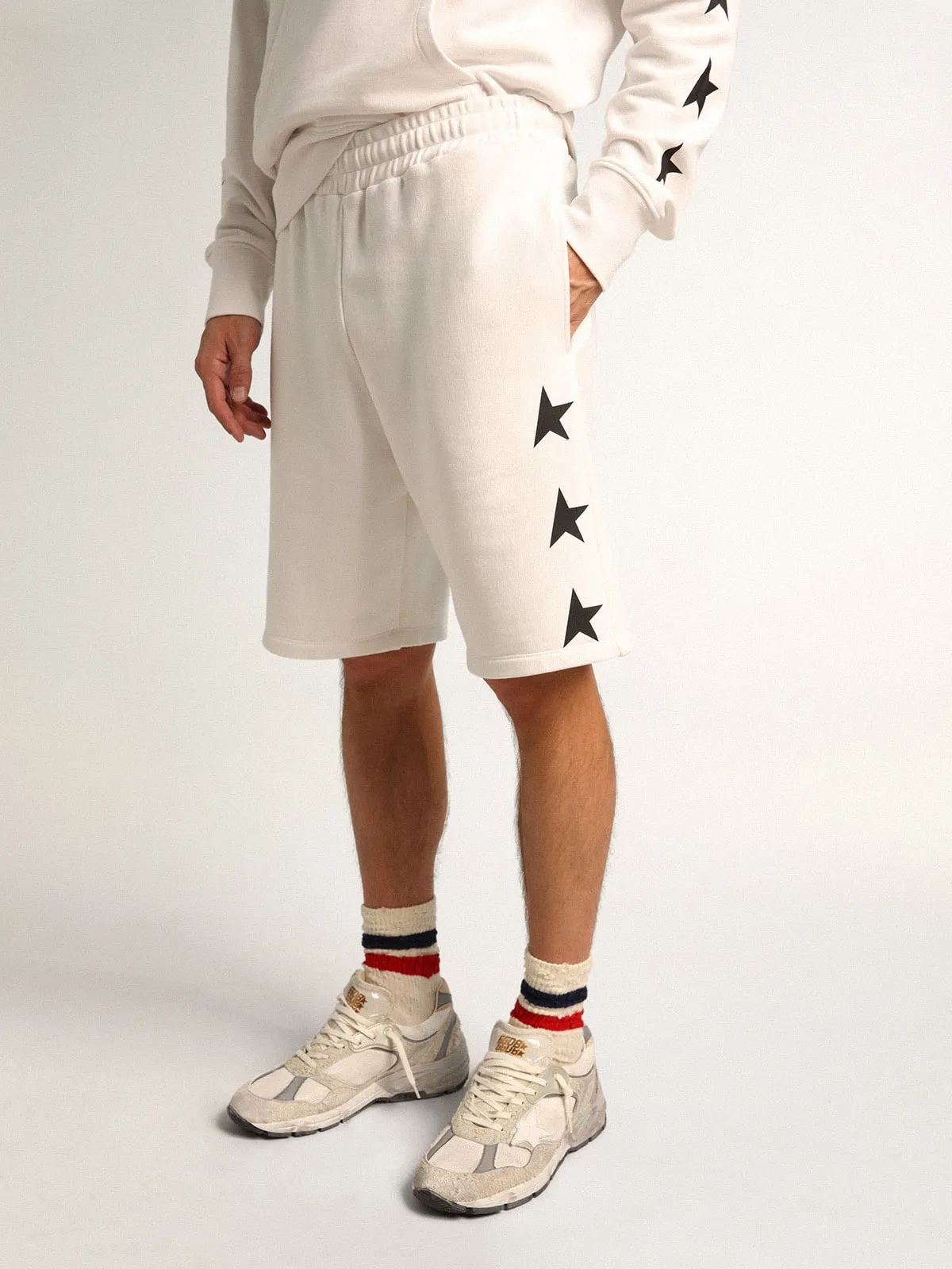 Men's vintage white bermuda shorts with contrasting black stars