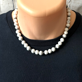 Men's White and Gray Howlite and Black Hematite Beaded Necklace