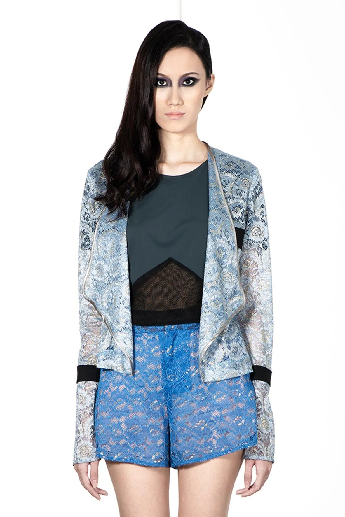 Metallic Lace Weave Motorcycle Crop Jacket