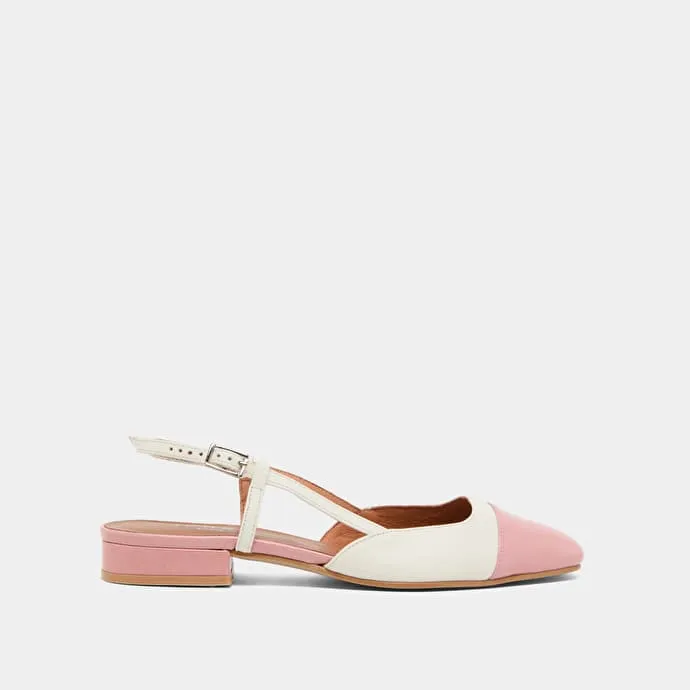 Open back ballet flats in ecru leather and pink pleated patent