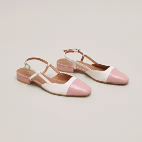 Open back ballet flats in ecru leather and pink pleated patent