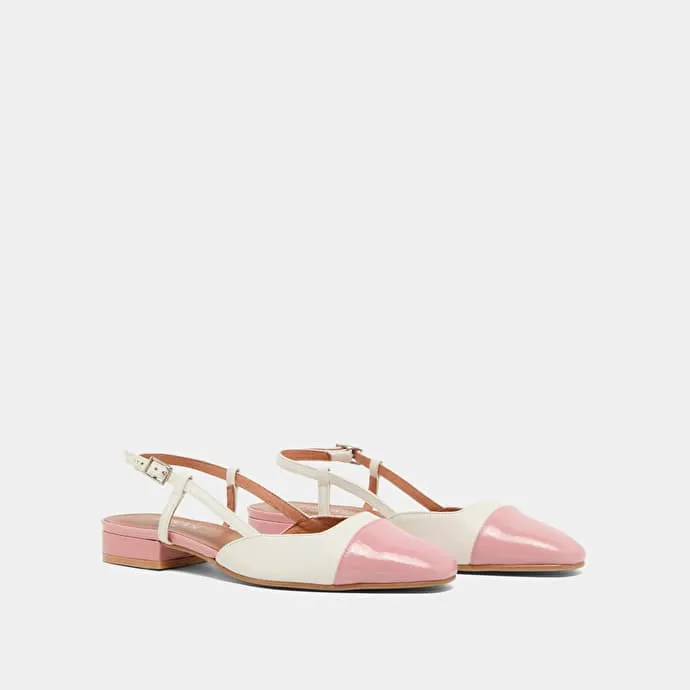 Open back ballet flats in ecru leather and pink pleated patent