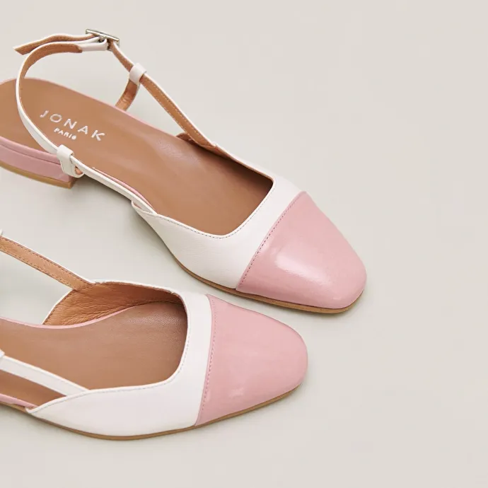 Open back ballet flats in ecru leather and pink pleated patent