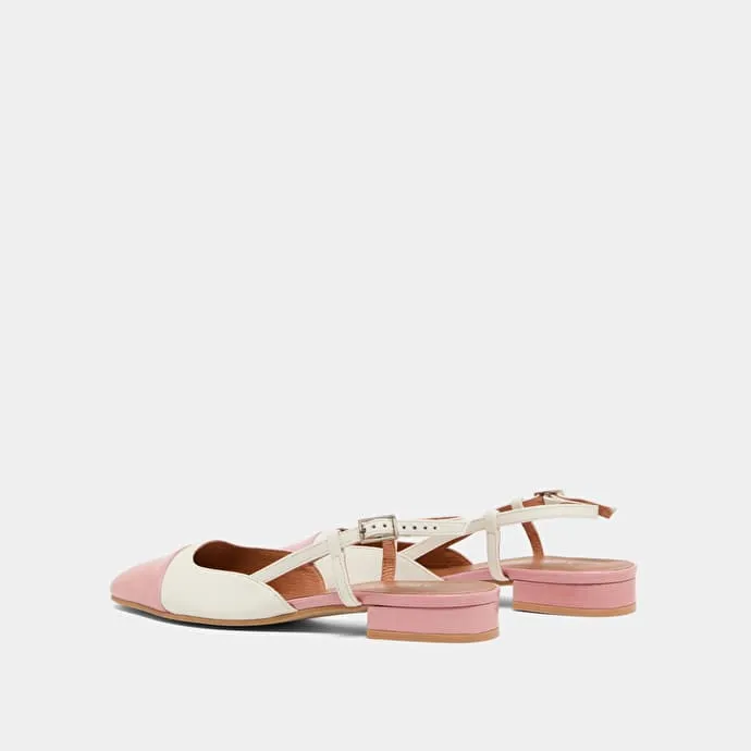 Open back ballet flats in ecru leather and pink pleated patent