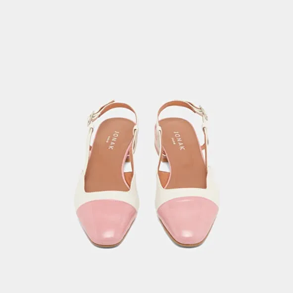 Open back ballet flats in ecru leather and pink pleated patent