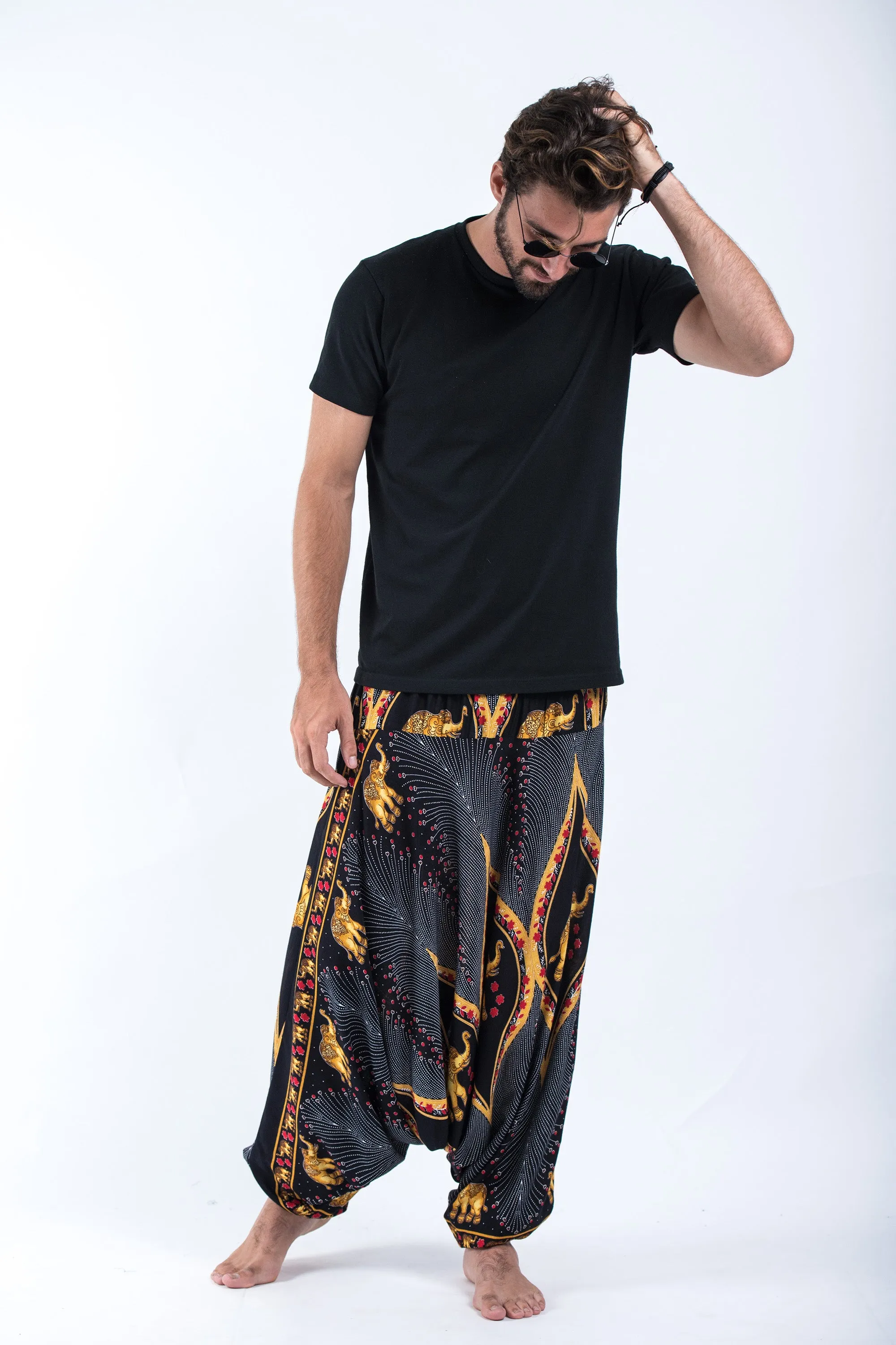 Peacock Elephant Drop Crotch Men's Elephant Pants in Black