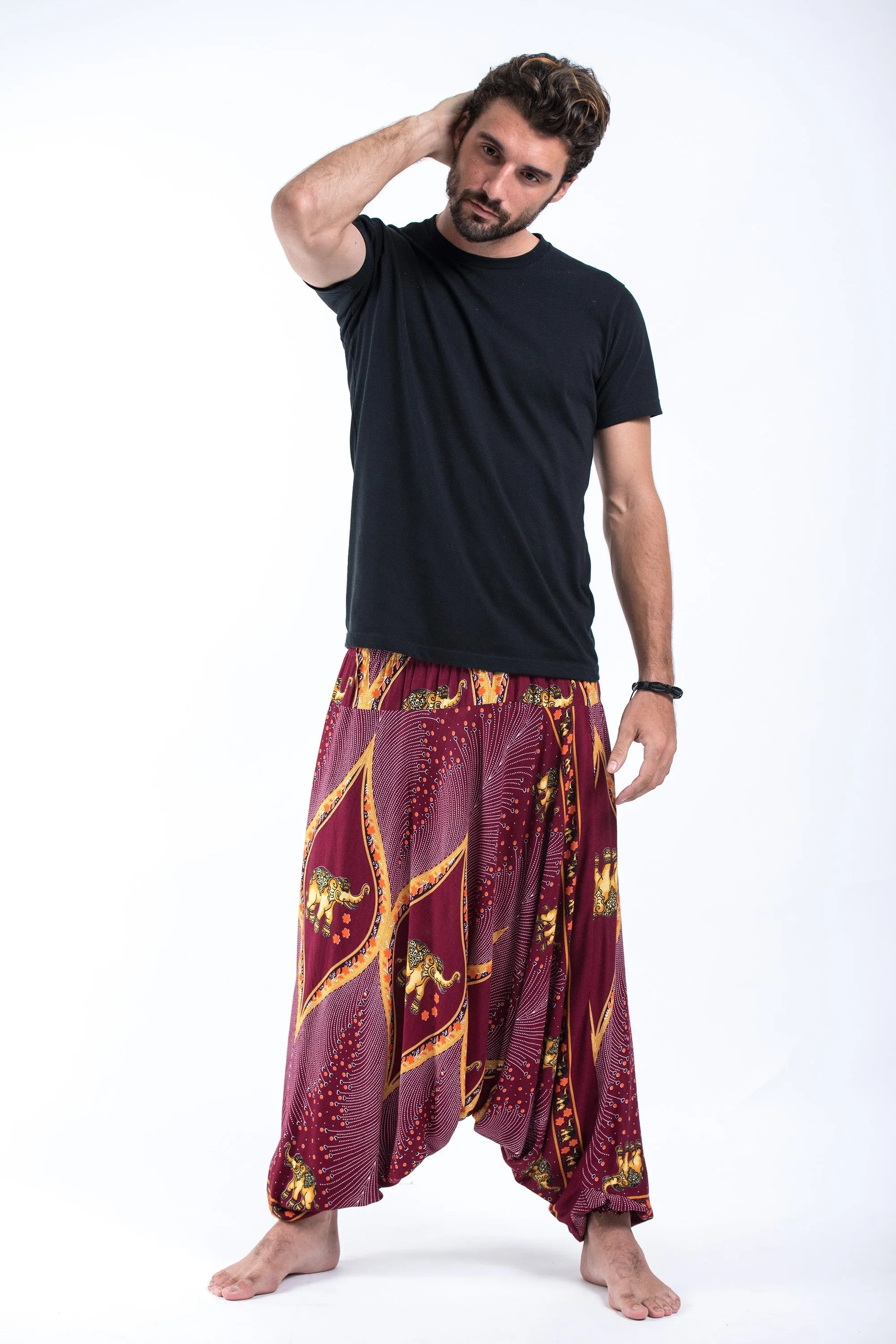 Peacock Elephant Drop Crotch Men's Elephant Pants in Red