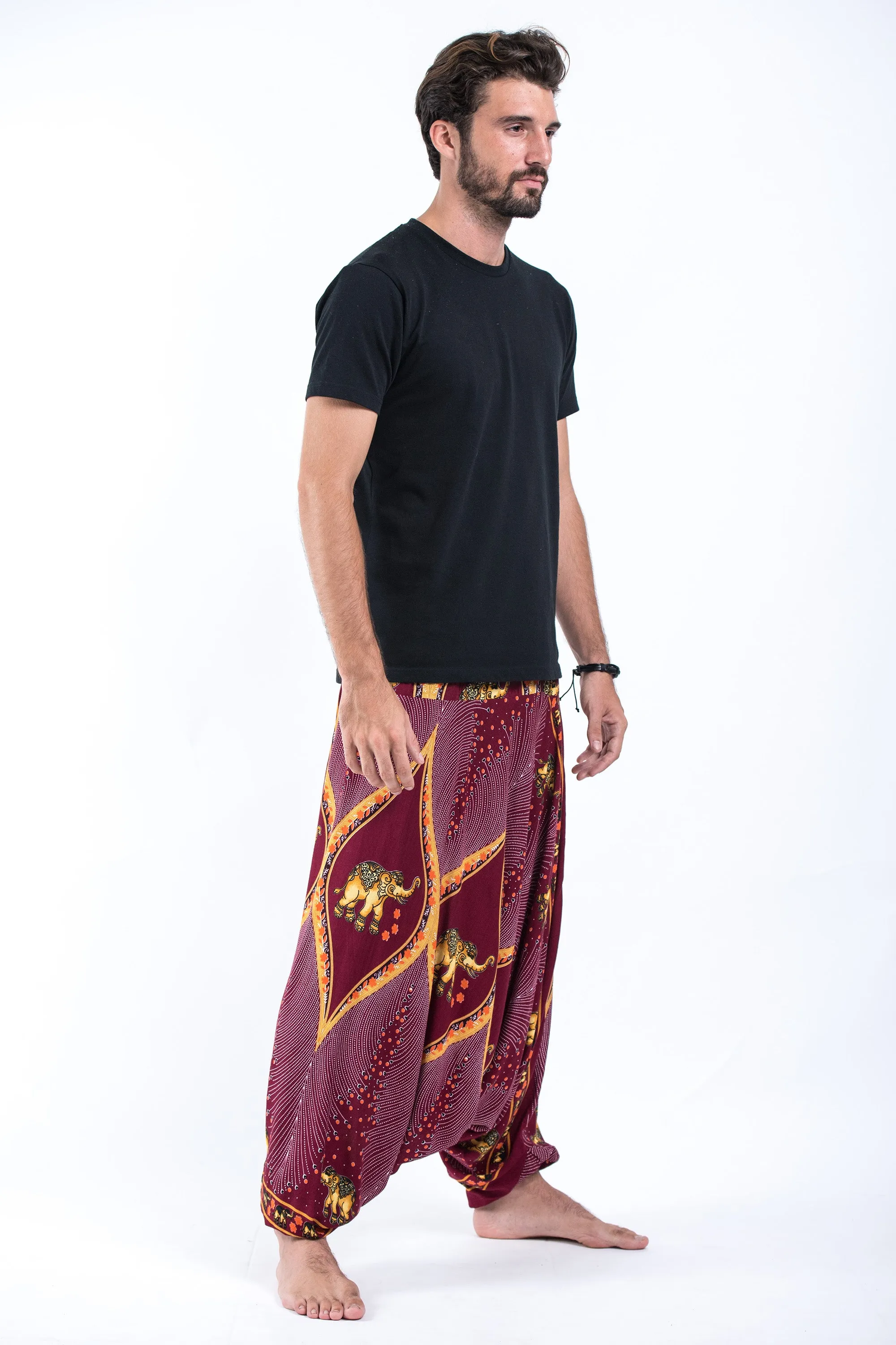 Peacock Elephant Drop Crotch Men's Elephant Pants in Red