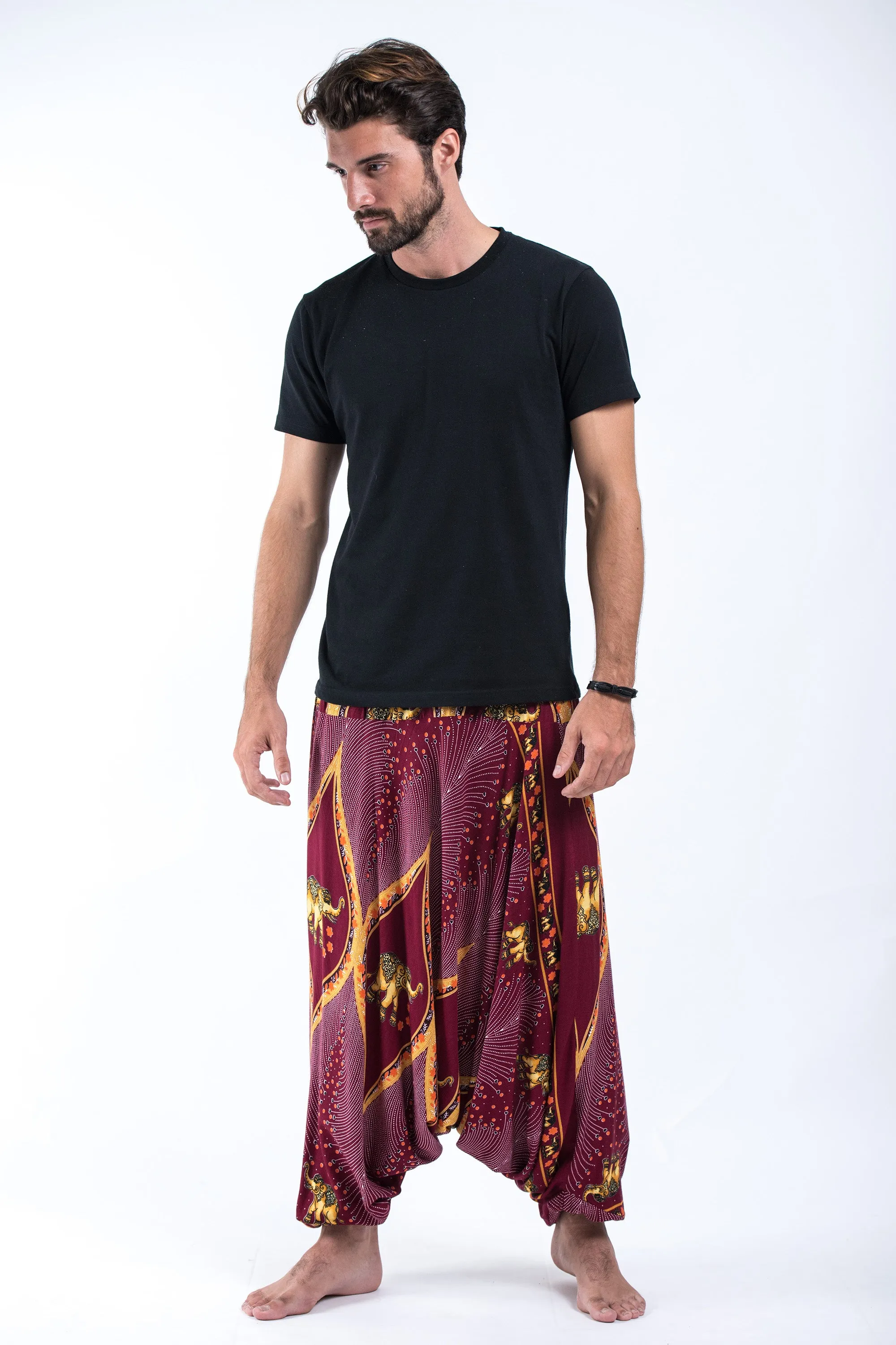 Peacock Elephant Drop Crotch Men's Elephant Pants in Red