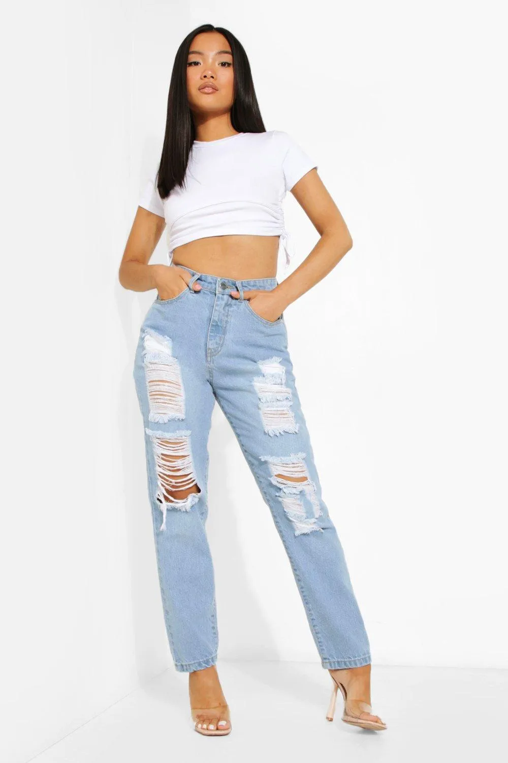 Petite High Rise Extreme Ripped Mom Jeans