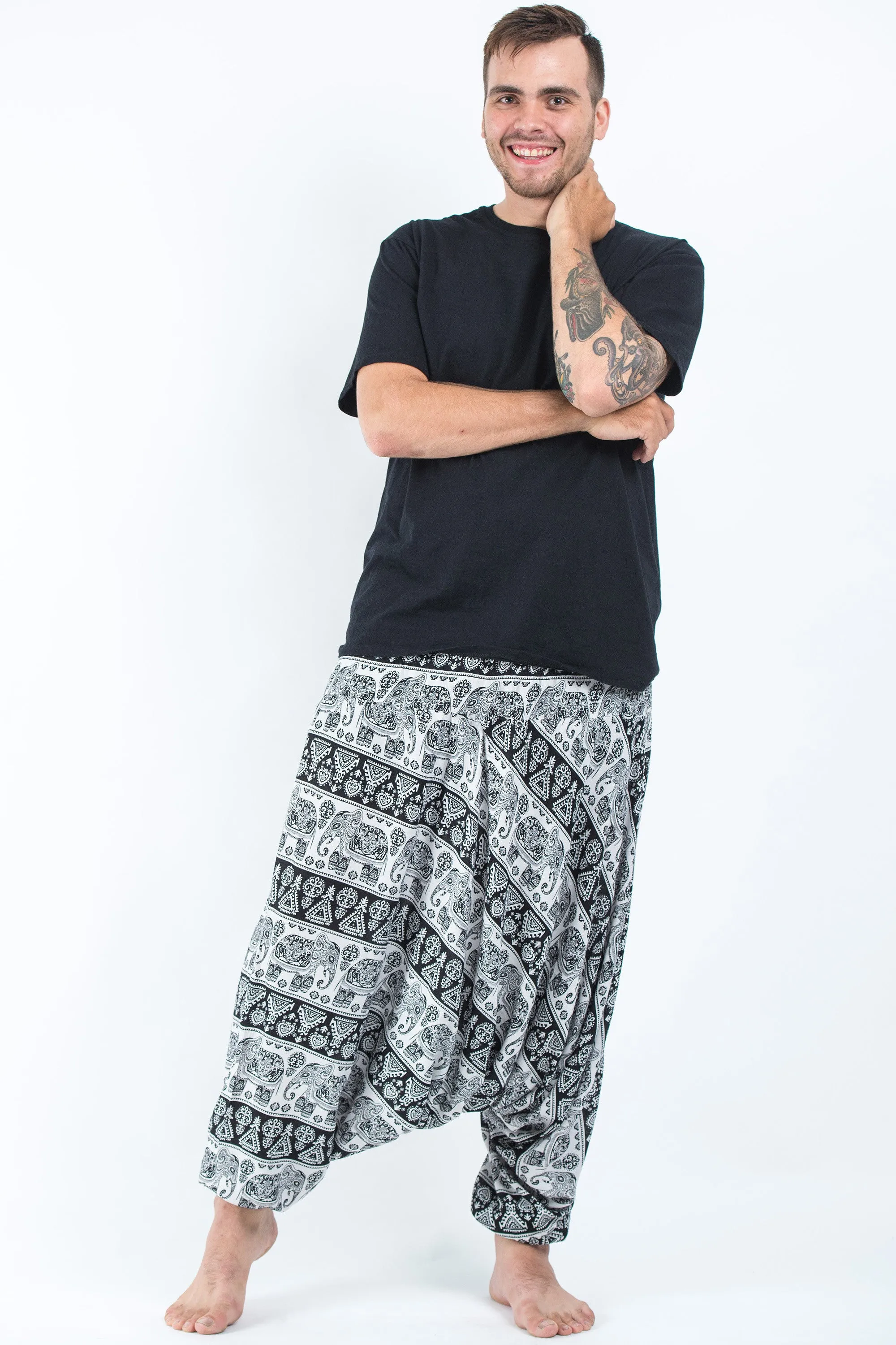 Plus Size Aztec Elephant Drop Crotch Men's Elephant Pants in Black White