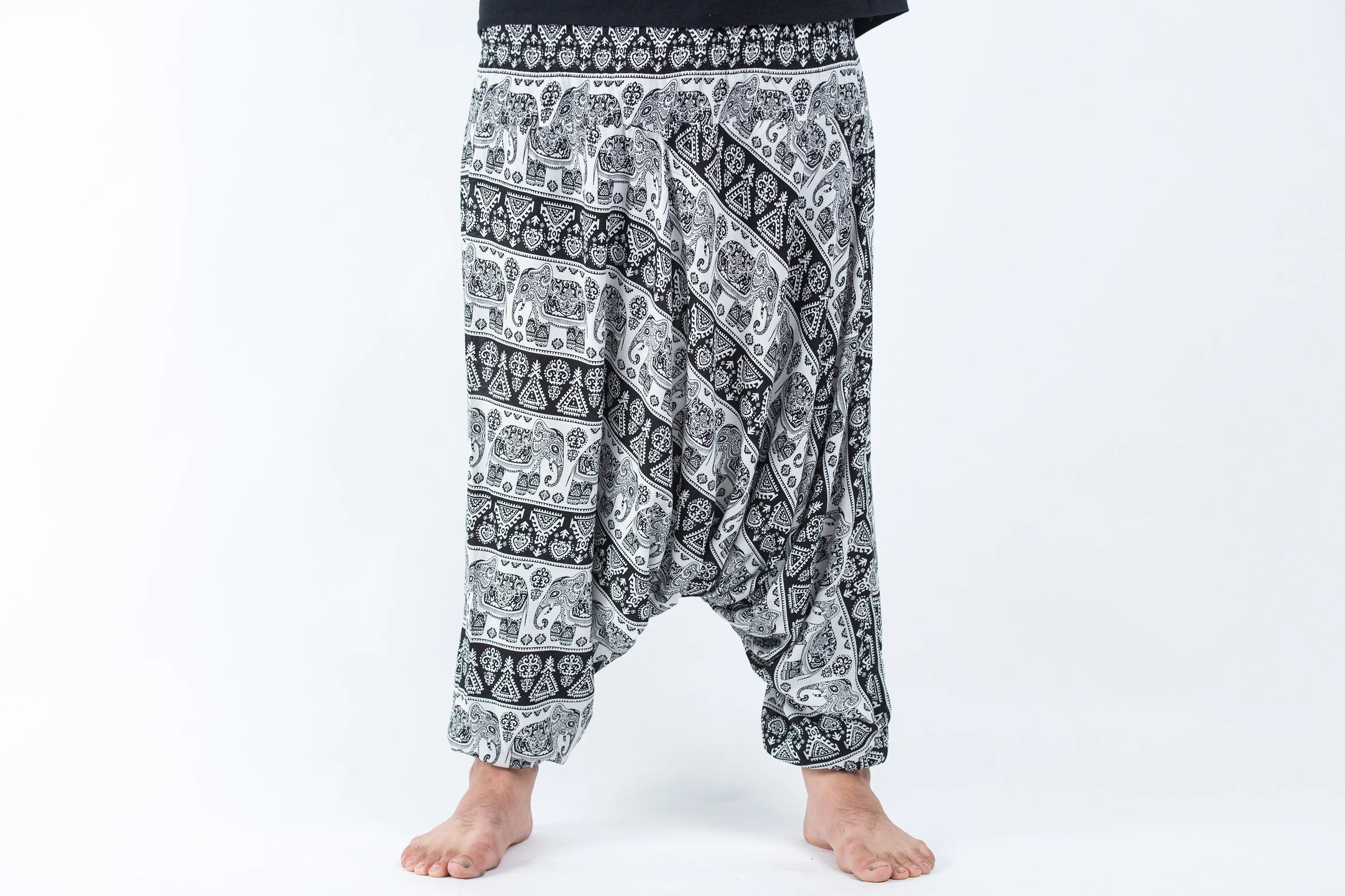 Plus Size Aztec Elephant Drop Crotch Men's Elephant Pants in Black White