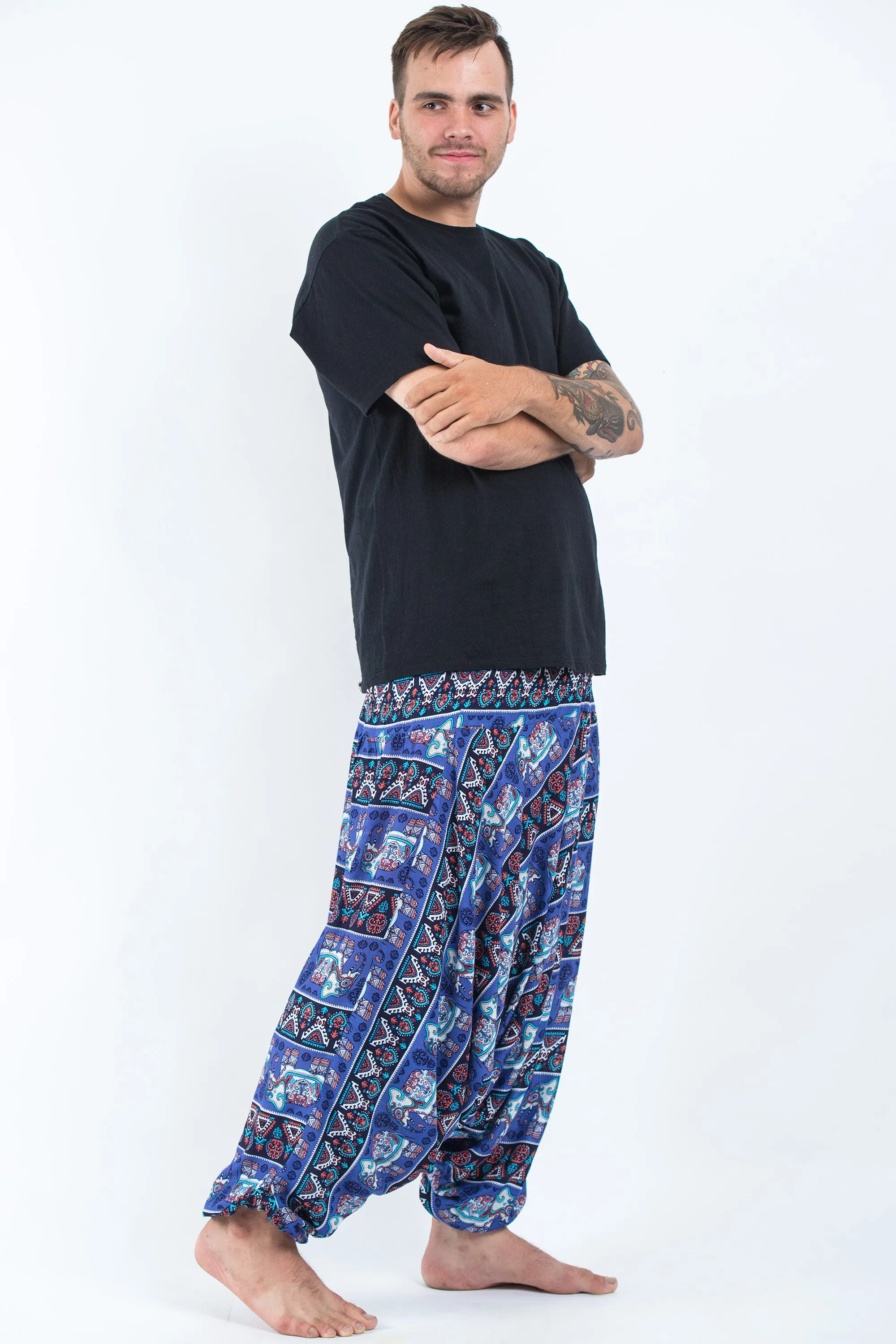 Plus Size Aztec Elephant Drop Crotch Men's Elephant Pants in Blue