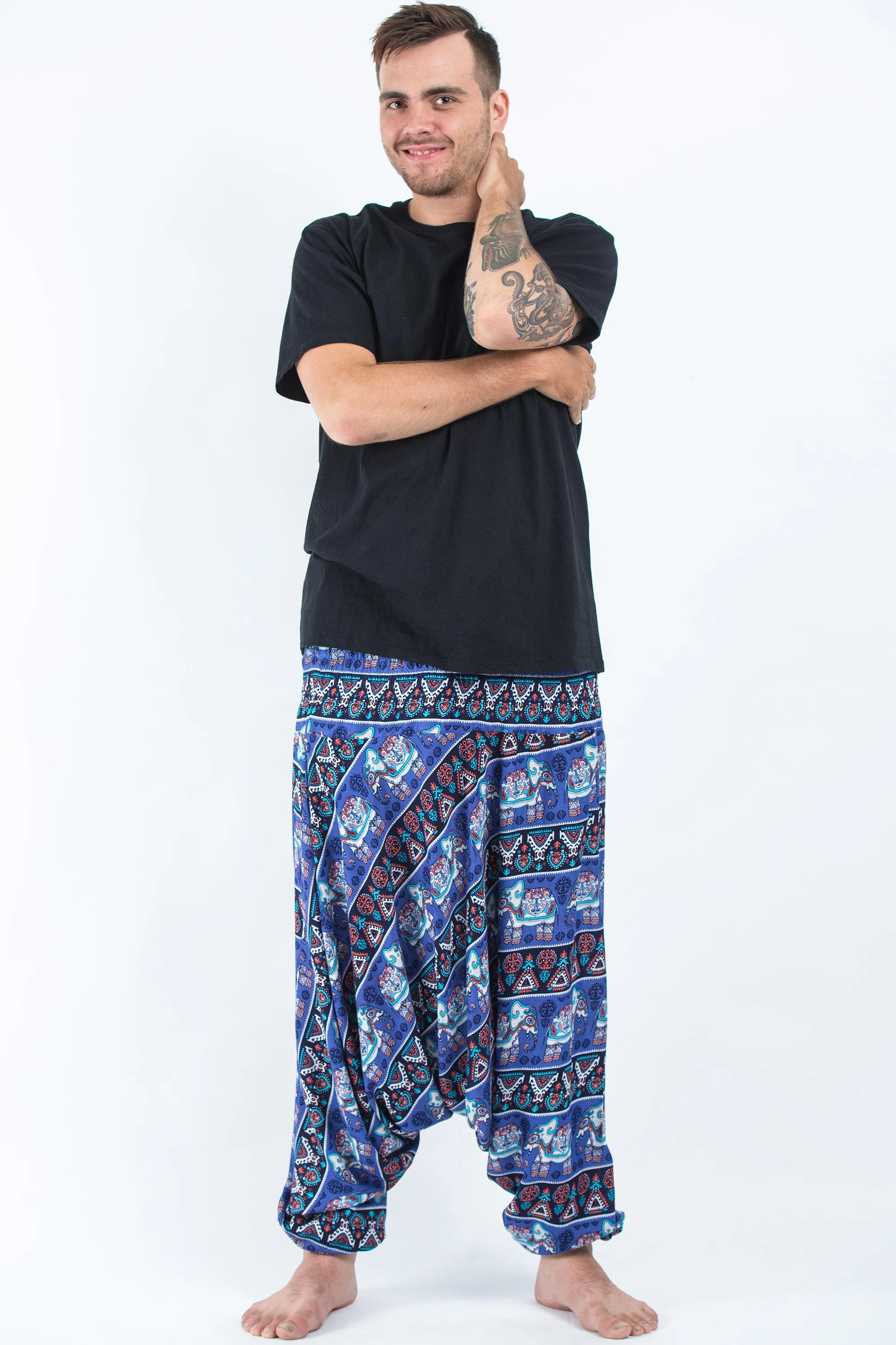 Plus Size Aztec Elephant Drop Crotch Men's Elephant Pants in Blue