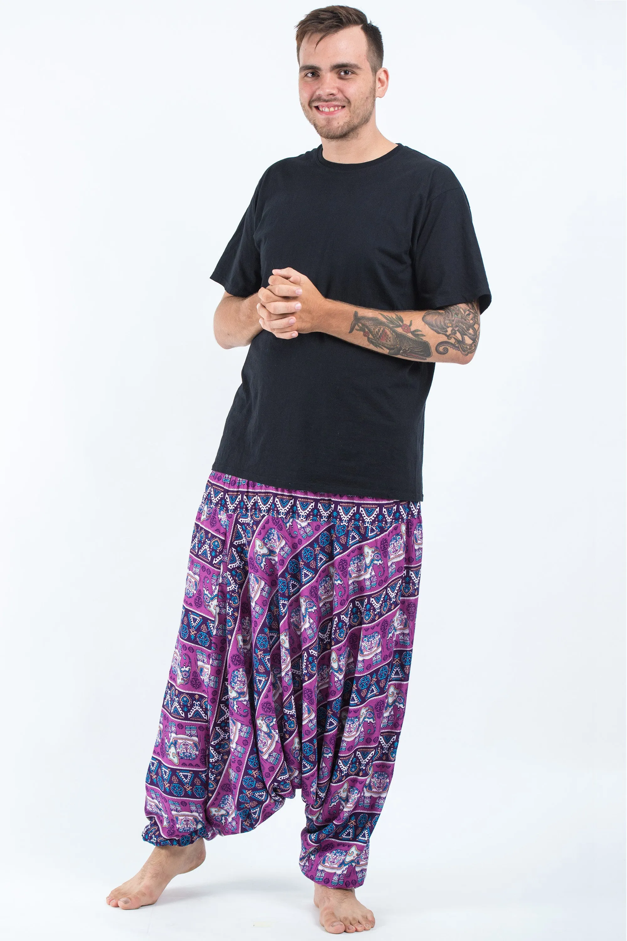 Plus Size Aztec Elephant Drop Crotch Men's Elephant Pants in Purple