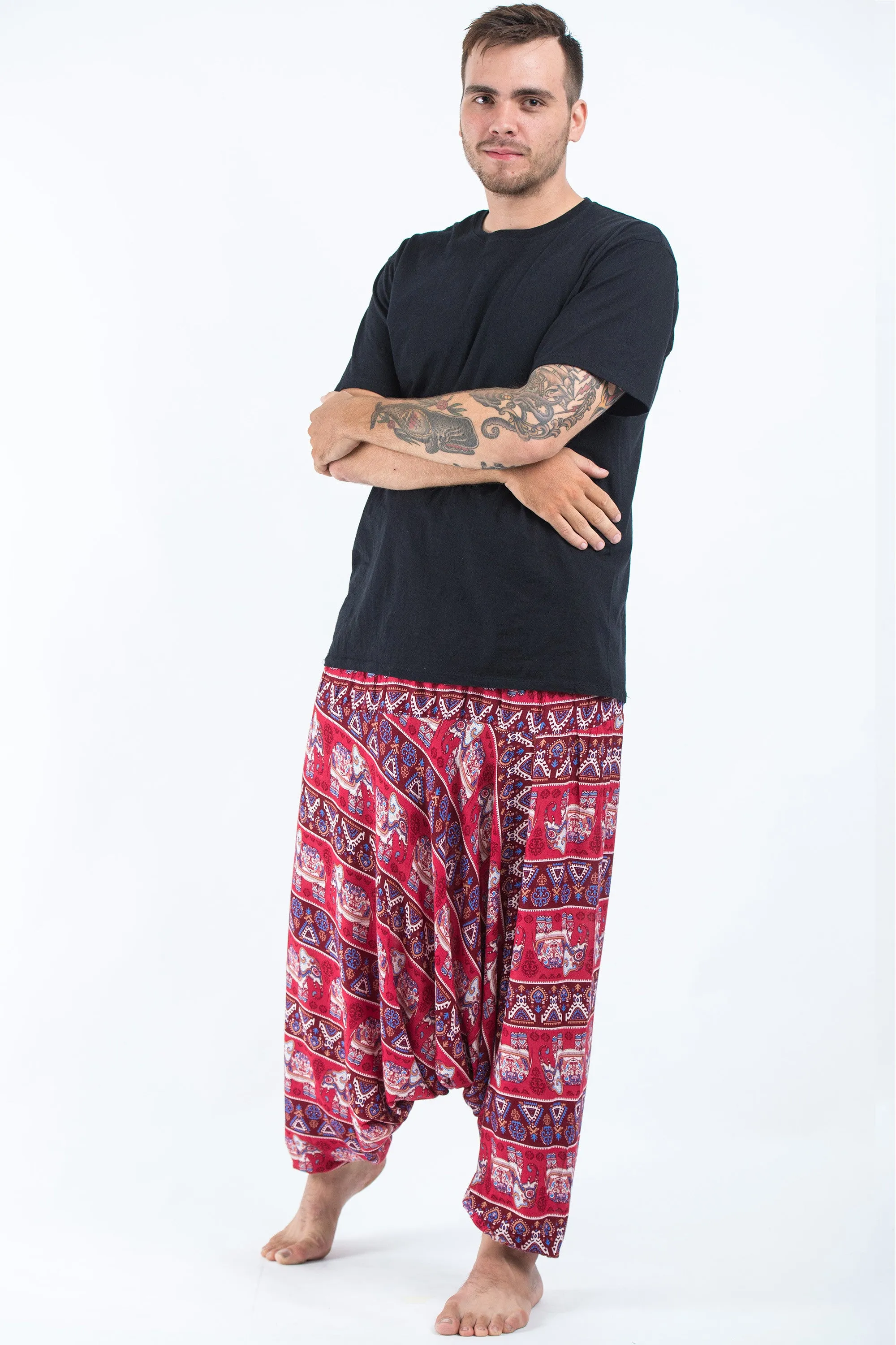 Plus Size Aztec Elephant Drop Crotch Men's Elephant Pants in Red