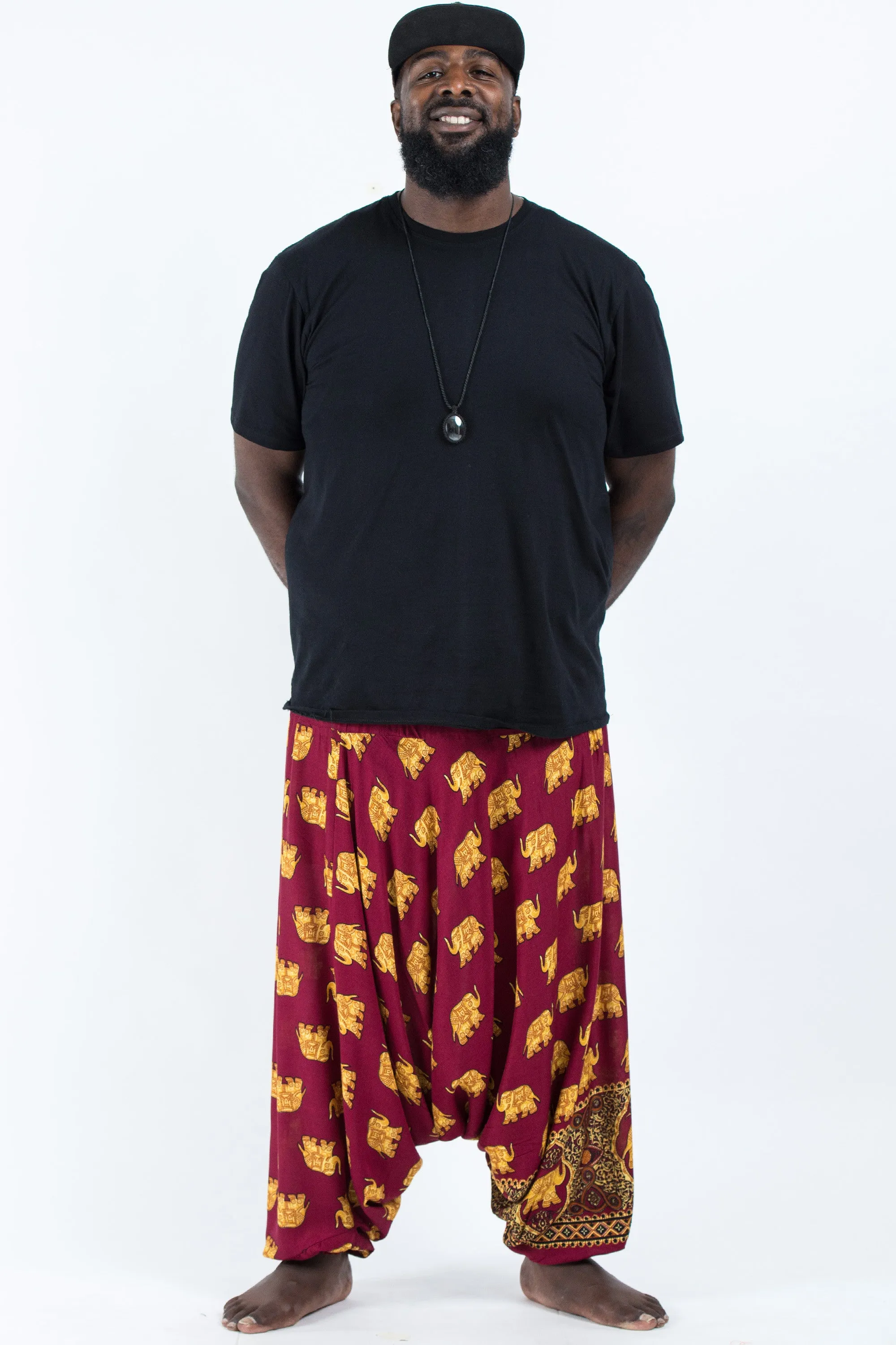 Plus Size Golden Elephant Drop Crotch Men's Elephant Pants in Maroon